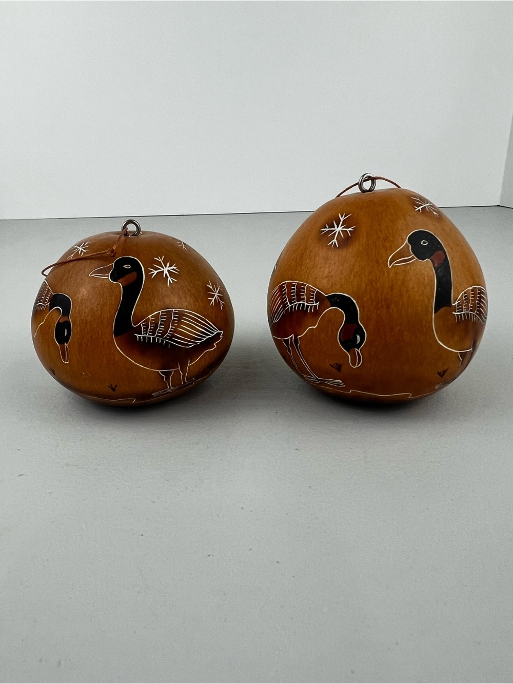 VTG Hand Carved Peruvian Gourd Ornaments Canada Geese Set of 2 Folk Art